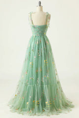 A-line Green Straps Sweetheart Floral Tulle Prom Dress