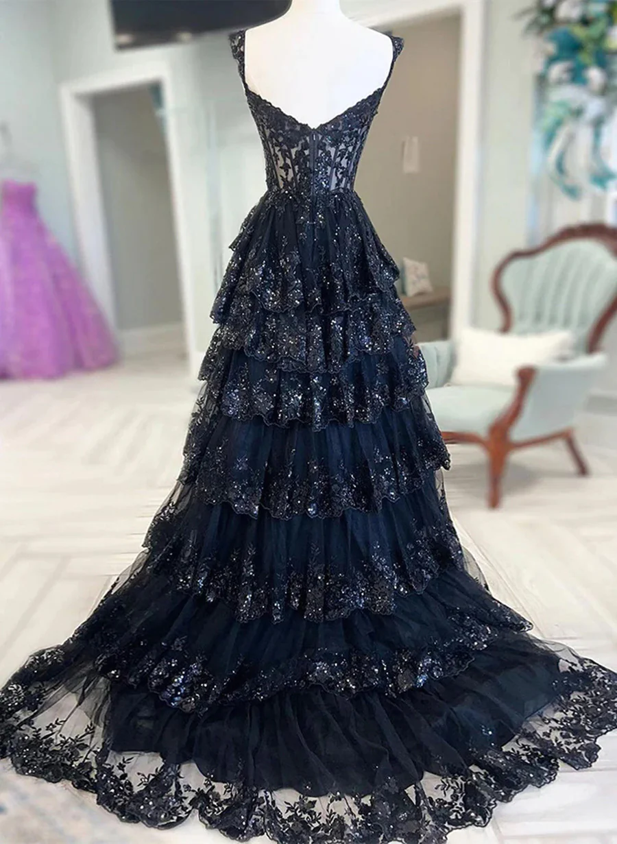 Vestido de fiesta azul marino de tul con escote en forma de A y escote en forma de corazón 