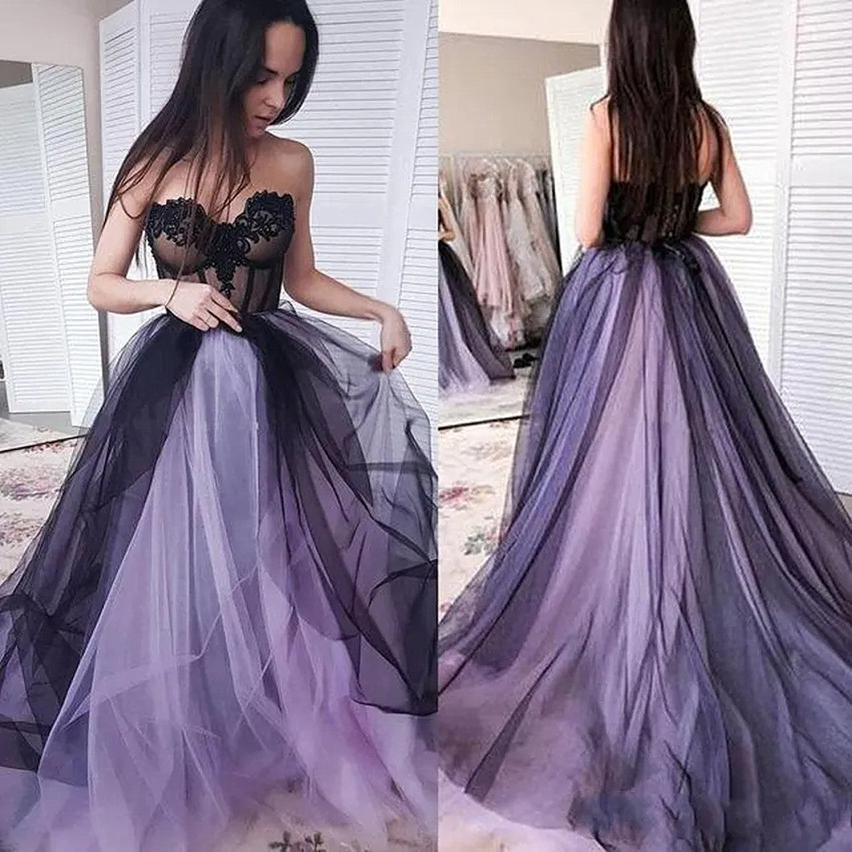 Precioso vestido de fiesta de encaje de tul negro y morado 