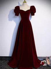Wine Red A-line Short Sleeves Long Simple Party Dress
