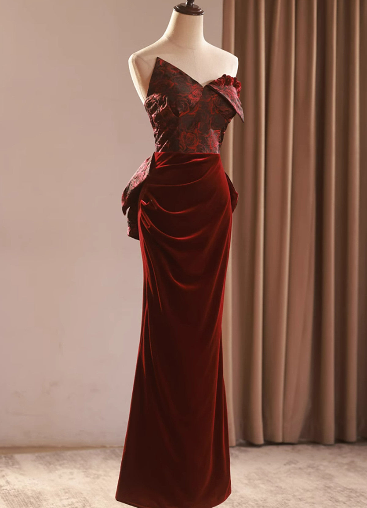 Wine Red Velvet and Lace Mermaid Party Dress