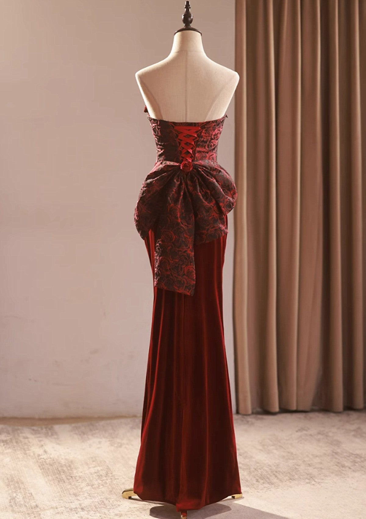 Wine Red Velvet and Lace Mermaid Party Dress