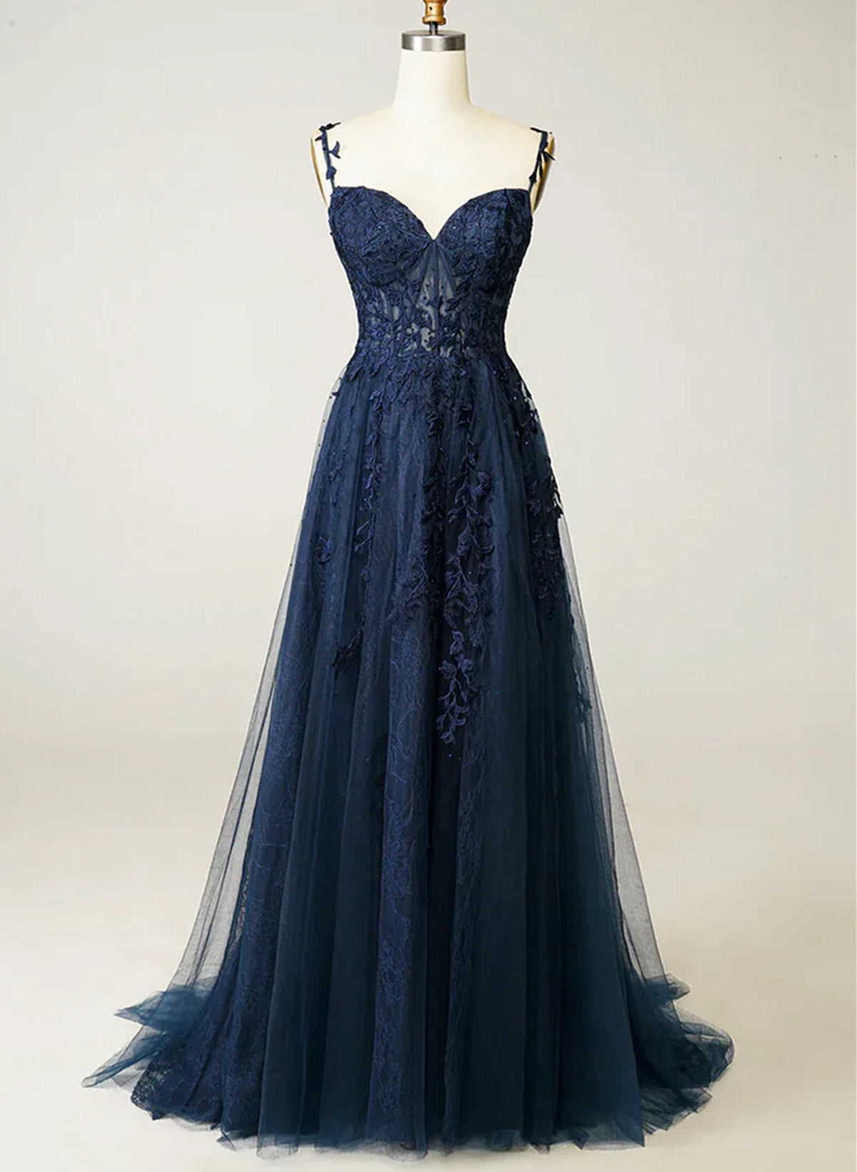 Vestido de fiesta azul marino con tirantes de tul y encaje, corte A 