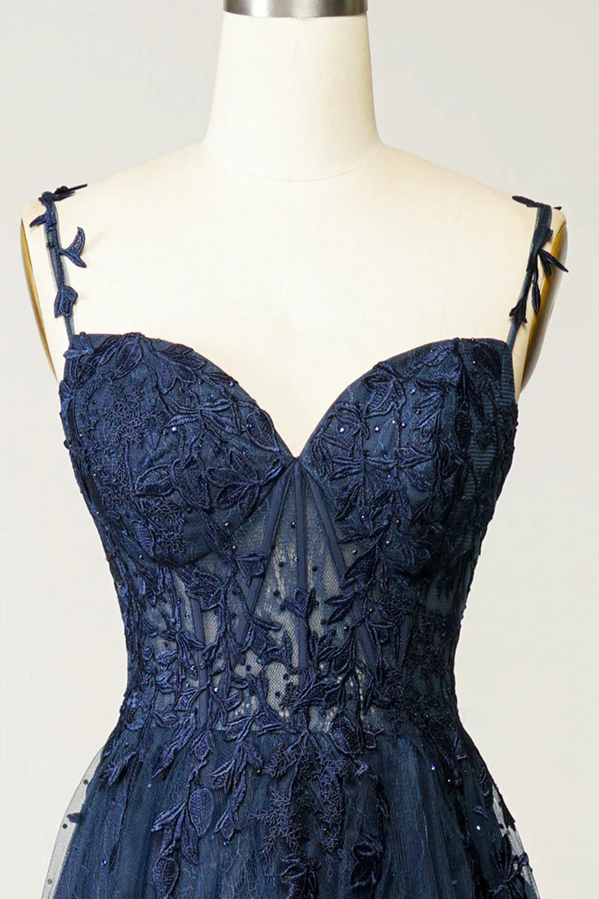 Vestido de fiesta azul marino con tirantes de tul y encaje, corte A 