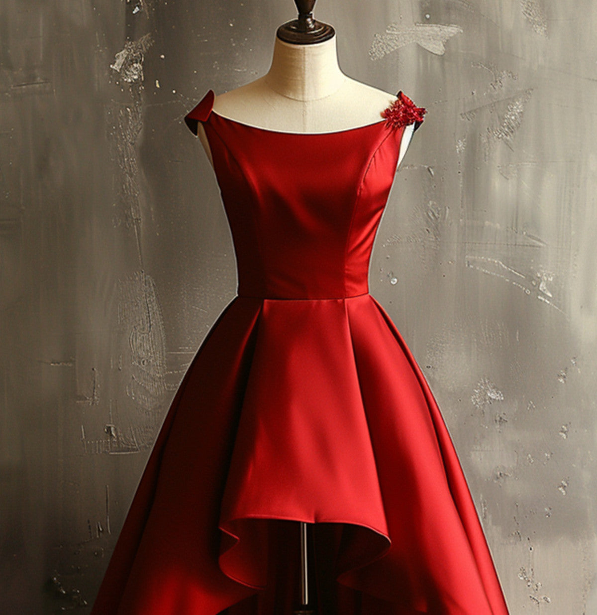 Cute Satin Wine Red High Low Round Neckline Party Dress