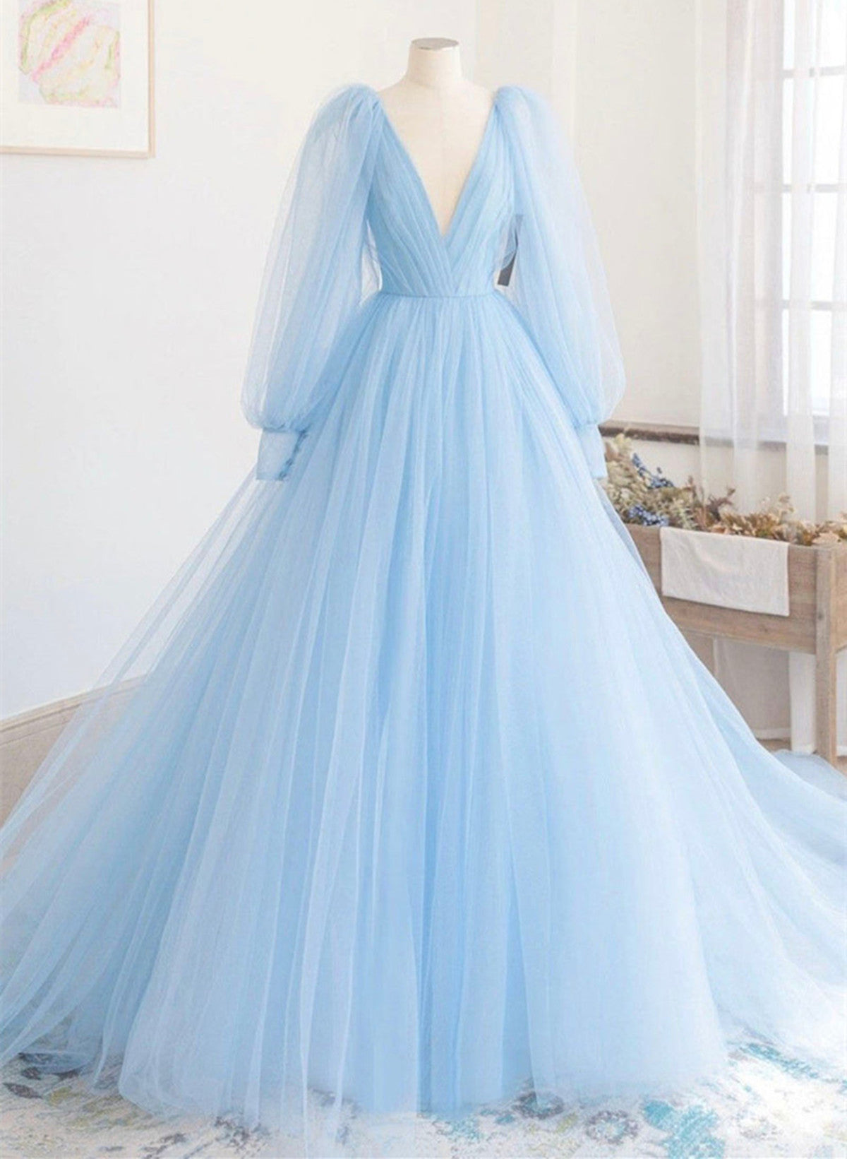 Light Blue Puffy Sleeves Long Formal Dress