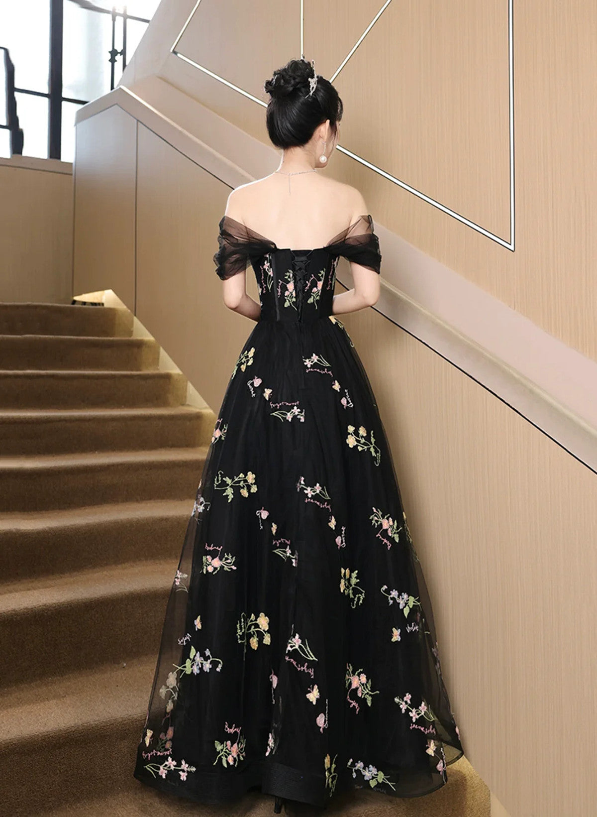 Black Floral Off Shoulder Tulle Long Prom Dress