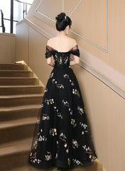 Black Floral Off Shoulder Tulle Long Prom Dress