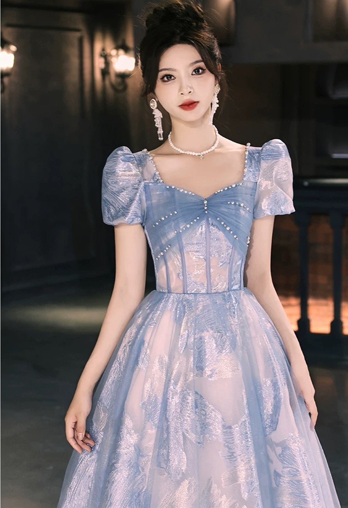 Blue A-line Short Sleeves Party Dress Prom Dress