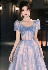 Blue A-line Short Sleeves Party Dress Prom Dress
