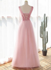 Vestido largo de fiesta de tul rosa con escote en V y encaje 