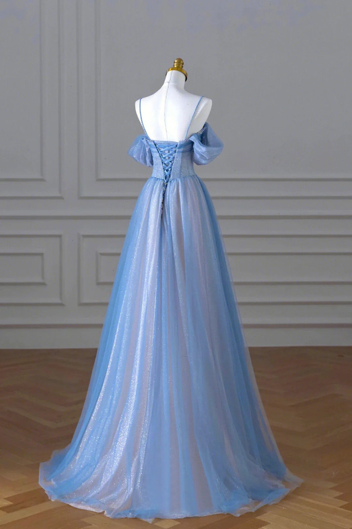 A-line Blue and Pink Beaded Tulle Long Party Dress