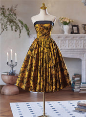Gold Satin Floral Cute Homecoming Dress