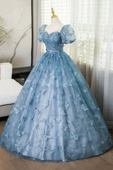 Precioso vestido de fiesta largo de manga corta azul con encaje de mariposa 