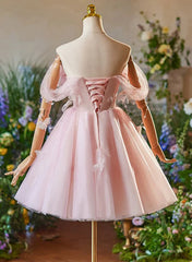 Lindo vestido de fiesta de tul rosa claro con hombros descubiertos 