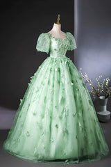 Vestido de fiesta largo con encaje de flores verdes y mangas 