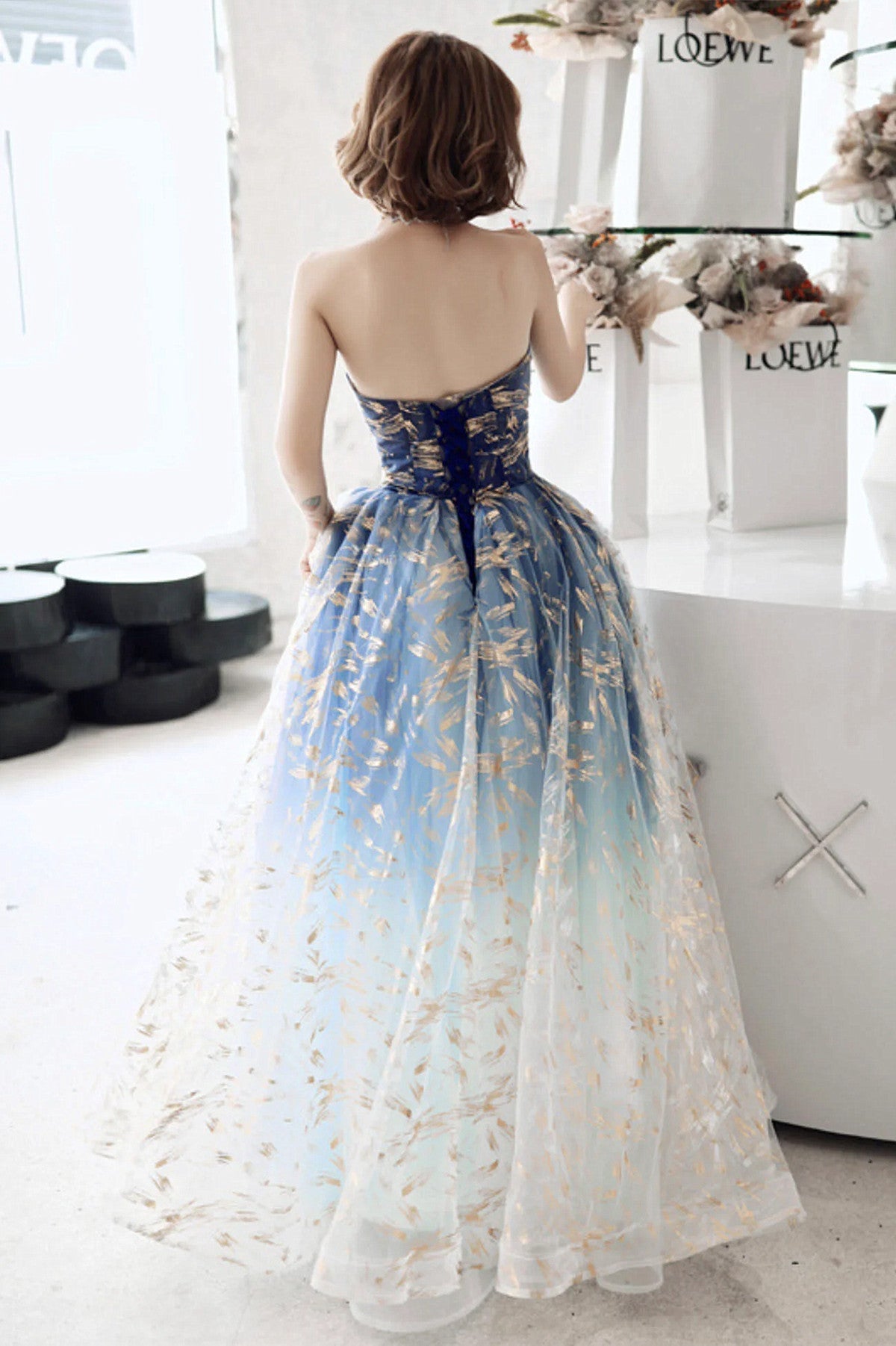 Blue Gradient Beaded A-line Floor Length Party Dress