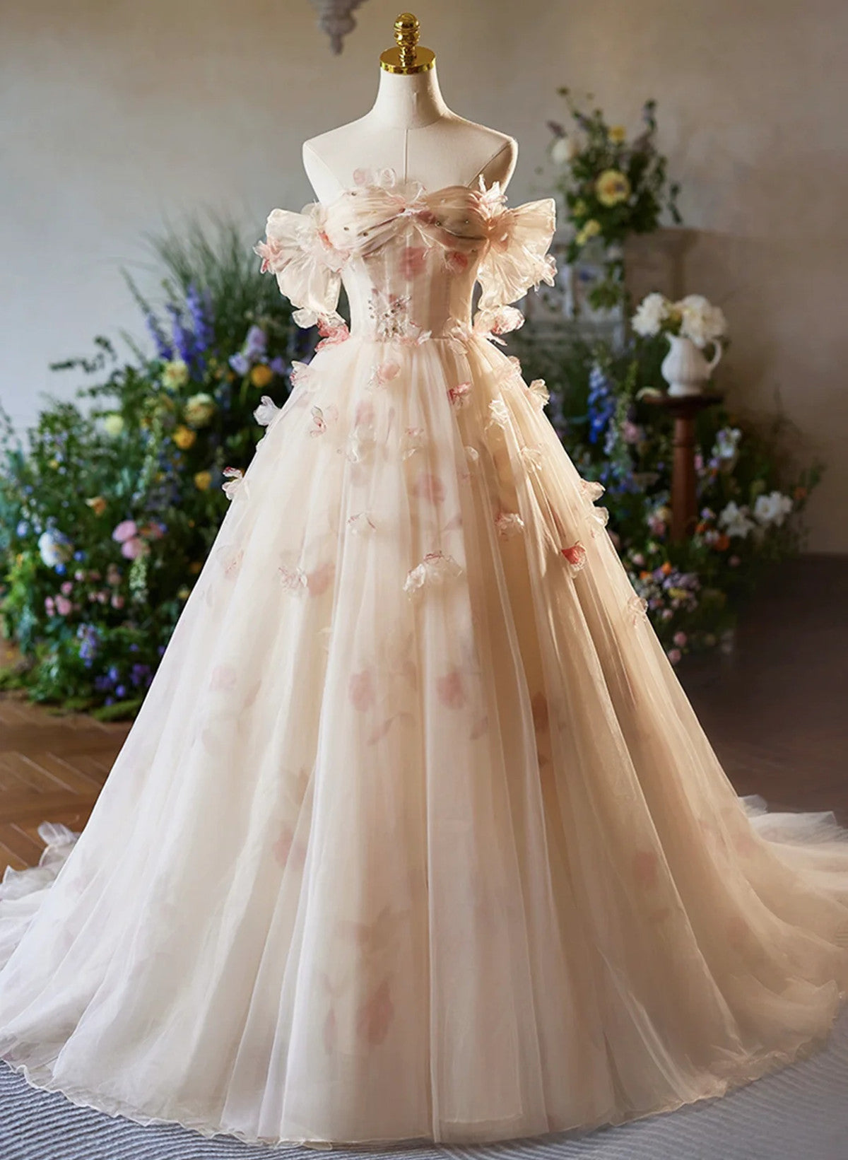 A-line Floral  Champagne Tulle Long Prom Dress
