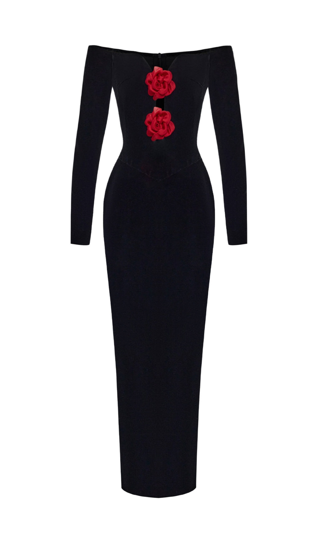 Luxurious Black Velvet Rose Maxi Dress