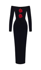 Luxurious Black Velvet Rose Maxi Dress