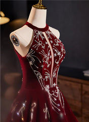 Vestido de fiesta de terciopelo rojo vino con cuentas y corte en A 