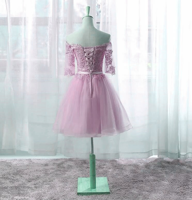 Lindo vestido de fiesta rosa de manga corta hasta la rodilla 