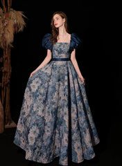 Blue Floral A-line Scoop Long Prom Dress Party Dress