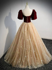 Champagne Tulle and Velvet Long Party Dress