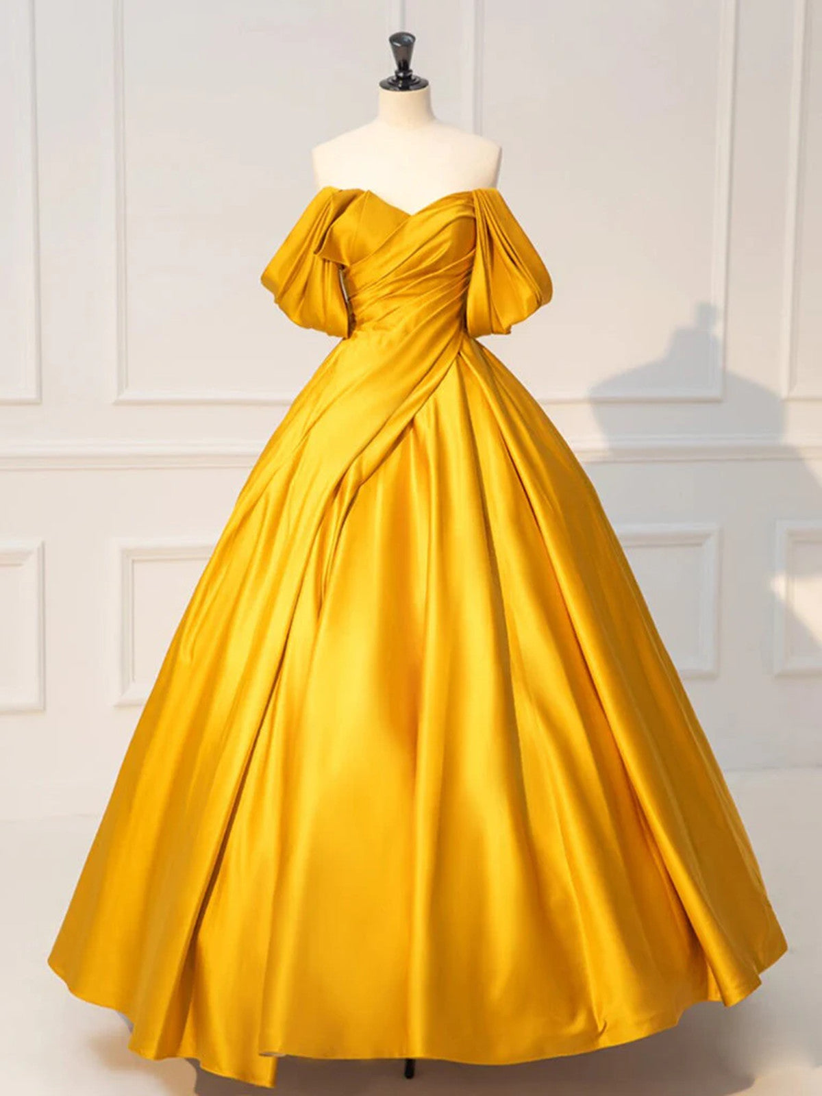 Gold Satin Floor Length Off Shoulder Party Dress