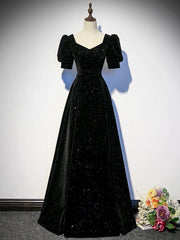A-line Black Shiny Velvet Short Sleeves Prom Dress