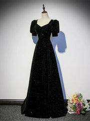 A-line Black Shiny Velvet Short Sleeves Prom Dress
