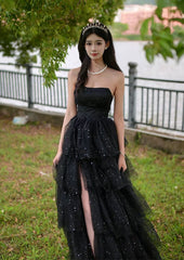 Lovely Black Tulle Long Prom Dress with Leg Slit