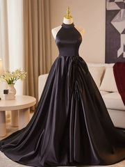 Black Satin Haler Open Back Long Prom Dress