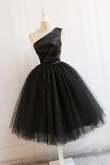 Black Tulle One Shoulder Elegant Tea Length Party Dress
