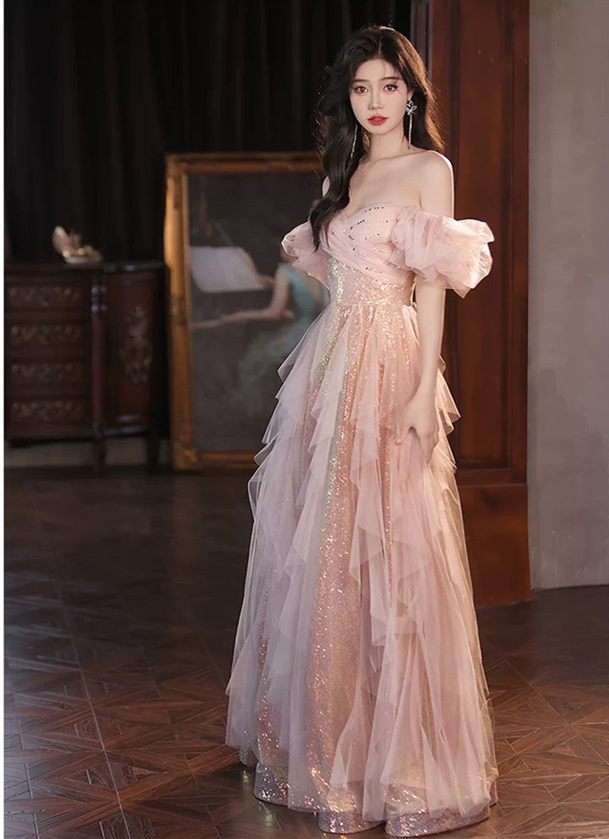 Vestido de fiesta de corte A con escote en forma de corazón de tul rosa y lentejuelas 