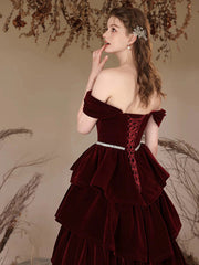 Precioso vestido de fiesta de terciopelo rojo vino con hombros descubiertos 