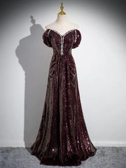 Vestido de fiesta largo con cuentas y lentejuelas color granate, corte A 