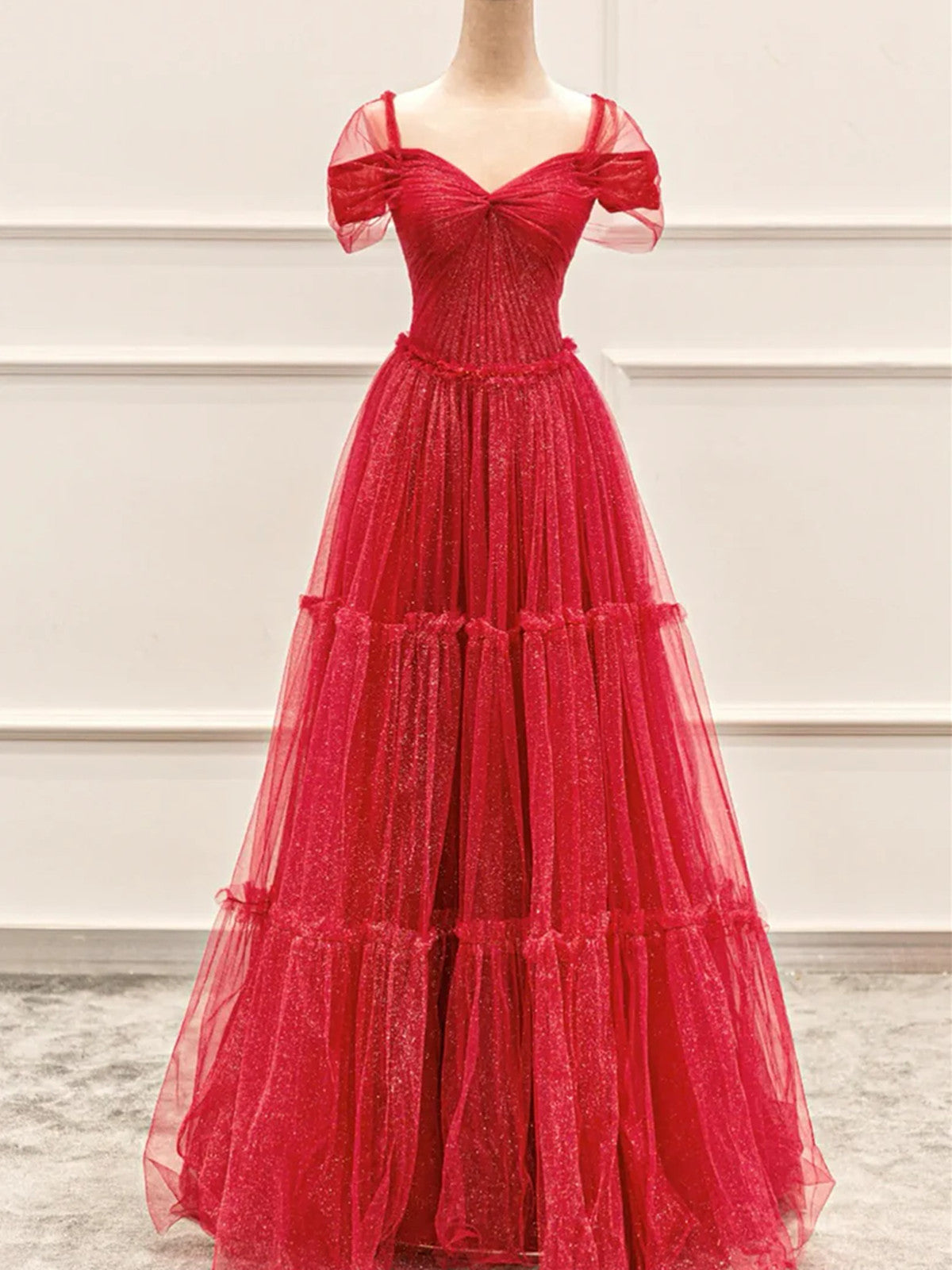 Vestido de fiesta rojo de tul brillante, largo hasta el suelo, corte A 