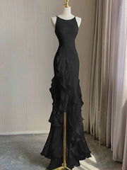 Vestido de fiesta negro de sirena con escote redondo y espalda baja 