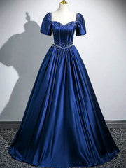Vestido de fiesta de satén azul marino con escote en forma de corazón y perlas, mangas cortas 