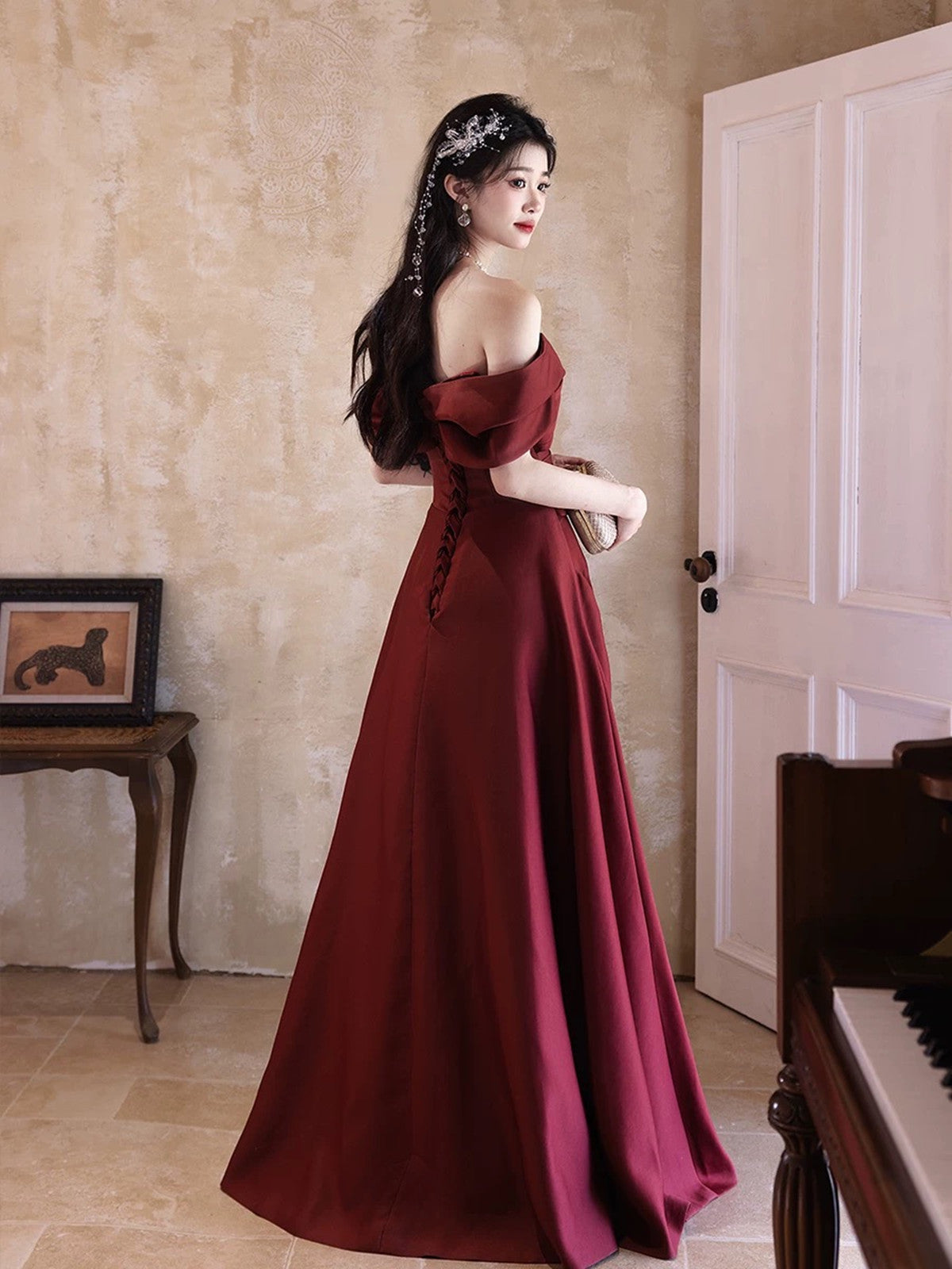 Wine Red A-line Satin Off Shoulder Party Dress