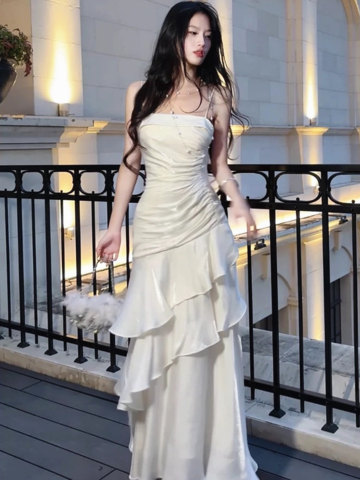 White Mermaid Straps Layers Satin Party Dress