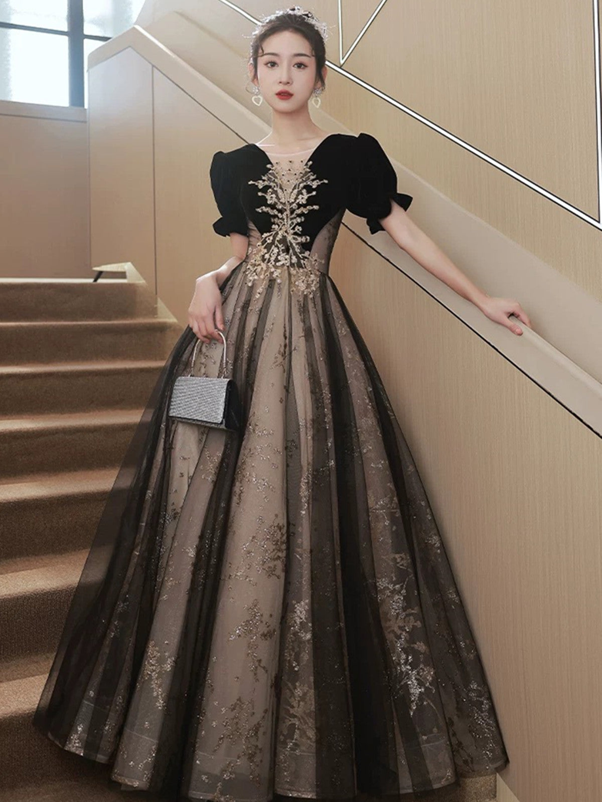 A-line Black Tulle and Velvet Floor Length Party Dress