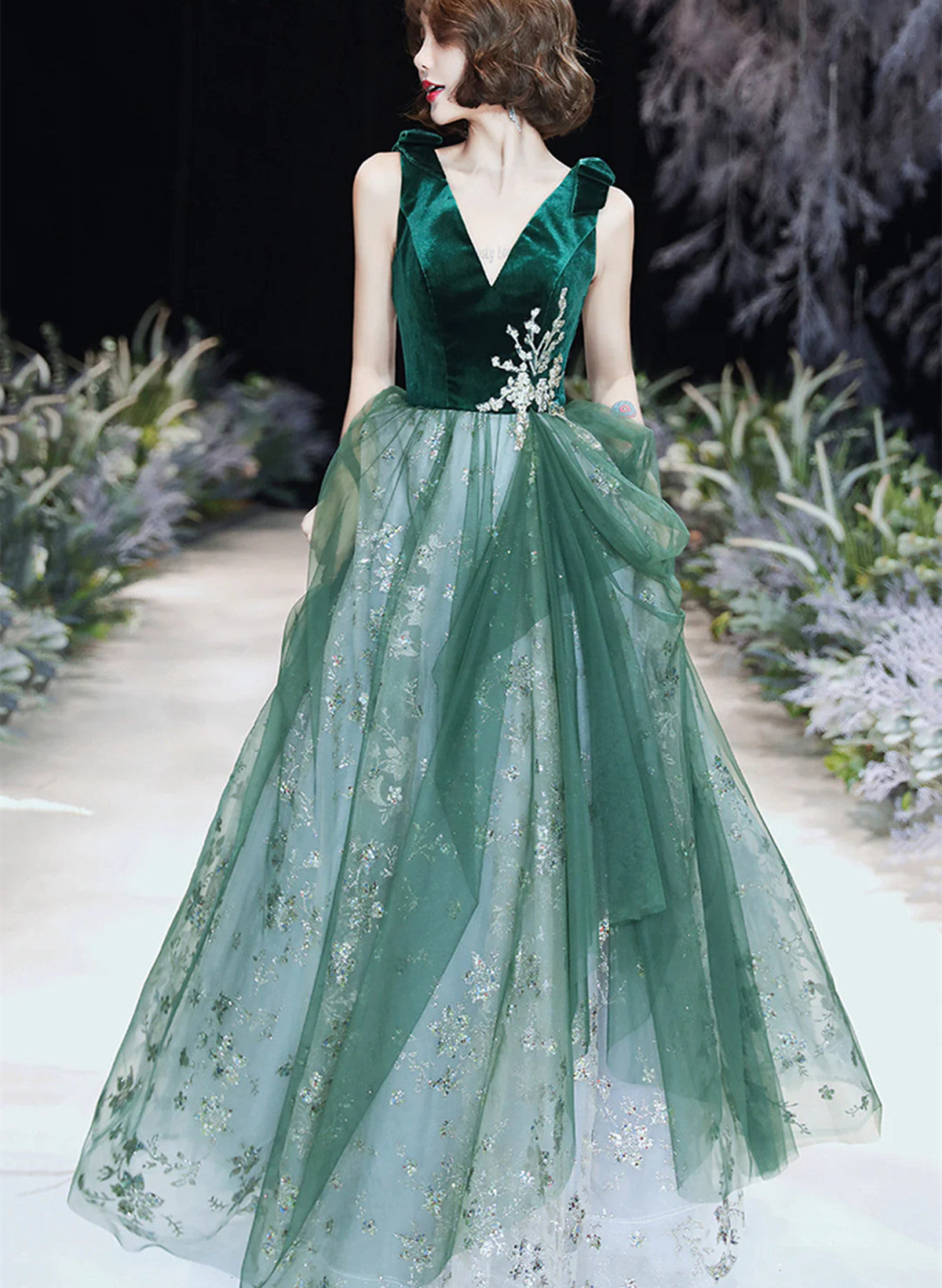 Vestido de noche largo de tul verde de corte A para fiesta 
