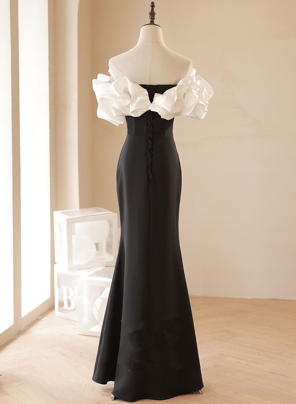 Black and White Mermaid Long Off Shoulder Party Dress