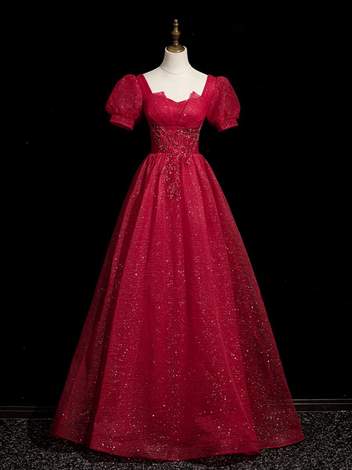 Wine Red Beaded Short Sleevs A-line Party Dress