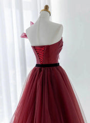Vestido de fiesta formal de tul rojo vino con corte A 