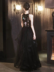 Black Sequins and Tulle Long Party Dress