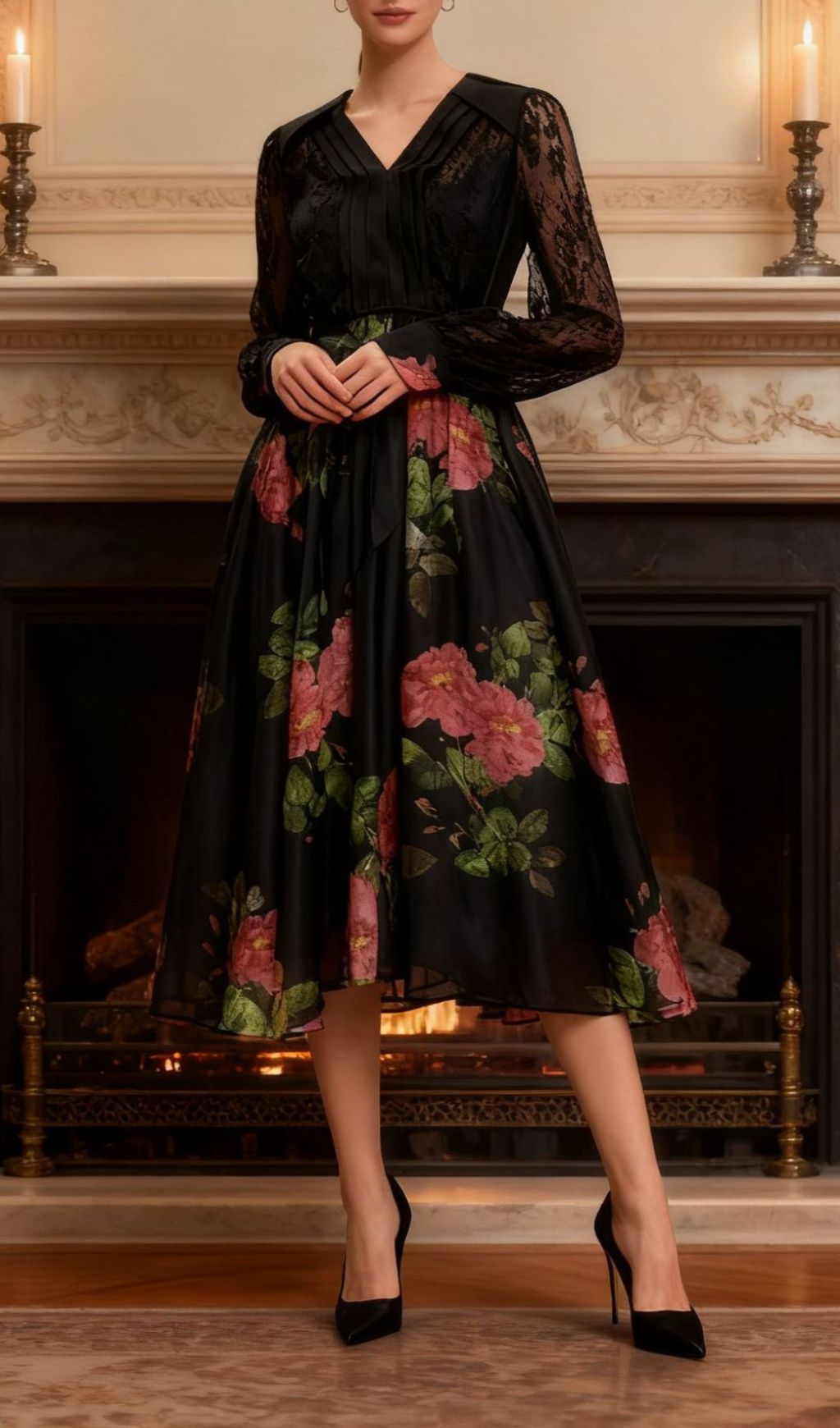 Isaye Elegant Black Floral Lace Midi Dress