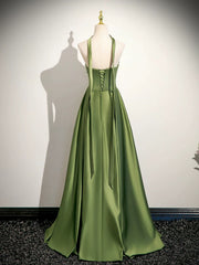 Vestido de noche sencillo de satén verde de corte A 